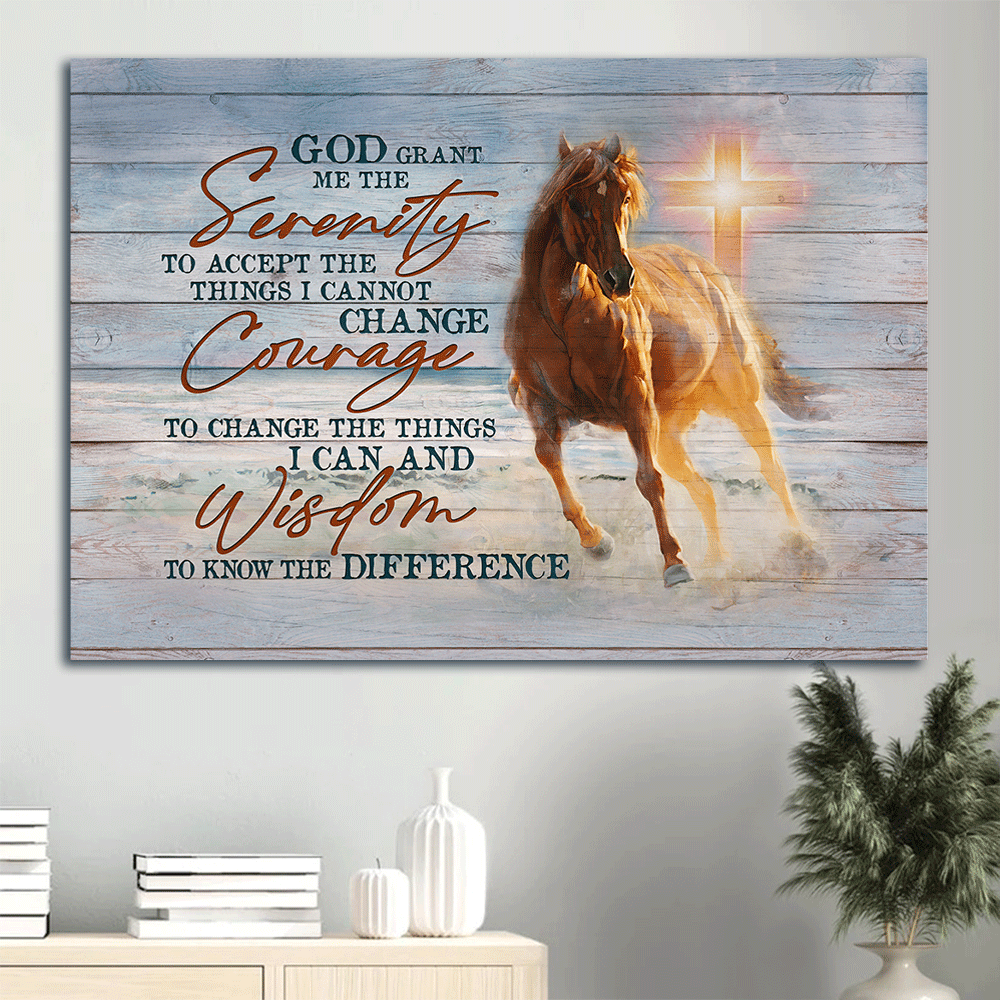 Jesus Landscape Canvas- Pretty horse drawing, Beach painting, Cross Light- Gift for Christian- God grant me the serenity - Landscape Canvas Prints, Christian Wall Art
