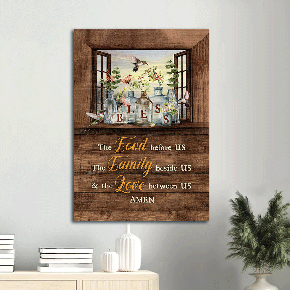 Jesus Portrait Canvas- Pretty hummingbird, Gorgeous flower jar, Window frame- Gift for Christian- Bless the love between us - Portrait Canvas Prints, Christian Wall Art