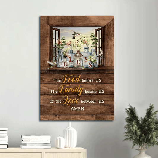 Jesus Portrait Canvas- Pretty hummingbird, Gorgeous flower jar, Window frame- Gift for Christian- Bless the love between us - Portrait Canvas Prints, Christian Wall Art