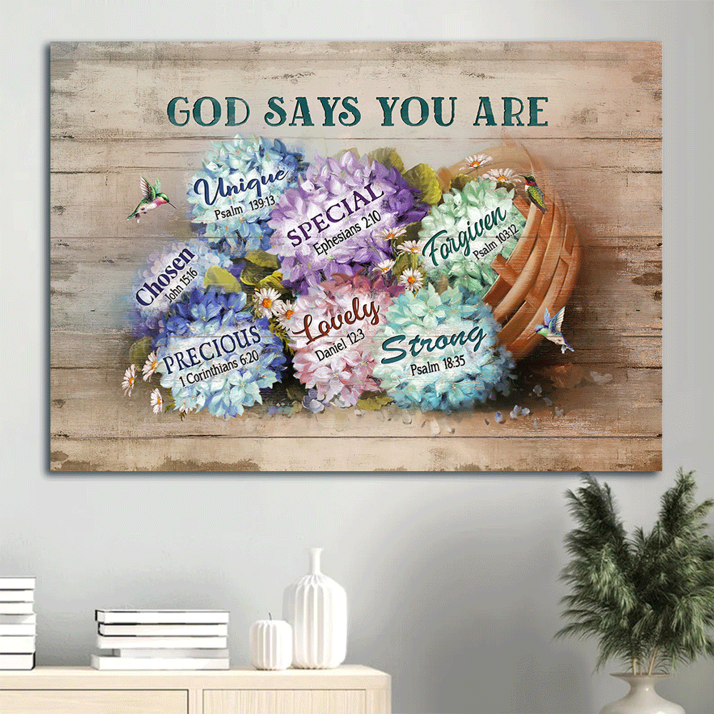 Jesus Landscape Canvas- Pretty hydrangeas, Rattan basket, Hummingbird, God says you are unique canvas- Gift for Christian- Landscape Canvas Prints, Christian Wall Art