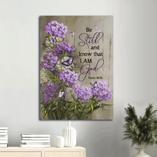 Jesus Portrait Canvas- Pretty purple hydrangea, Butterfly- Gift for Christian- Be still and know that I am God - Canvas Prints, Christian Wall Art