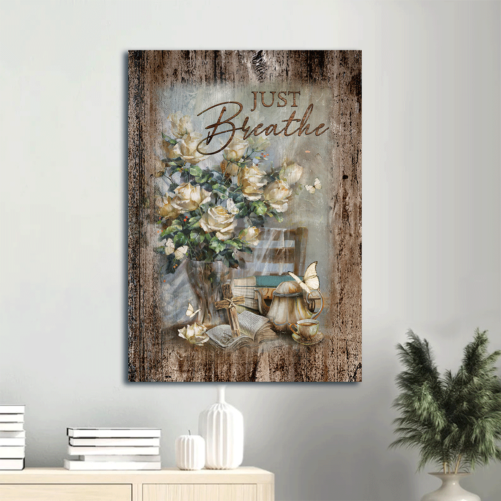 Jesus Portrait Canvas- Pretty rose vase, Antique painting, Tea pot, Just breathe canvas- Gift for Christian- Portrait Canvas Prints, Christian Wall Art