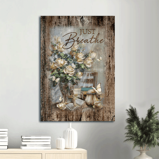 Jesus Portrait Canvas- Pretty rose vase, Antique painting, Tea pot, Just breathe canvas- Gift for Christian- Portrait Canvas Prints, Christian Wall Art