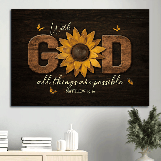 Jesus Landscape Canvas- Pretty sunflower, Orange butterfly canvas- Gift for Christian- With God all things are possible - Landscape Canvas Prints, Christian Wall Art
