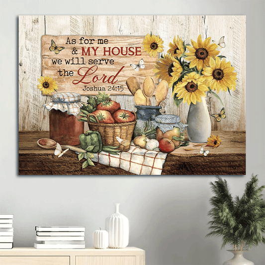 Jesus Landscape Canvas- Pretty sunflower, Vintage kitchen, White butterfly- Gift for Christian- As for me and my house - Landscape Canvas Prints, Christian Wall Art