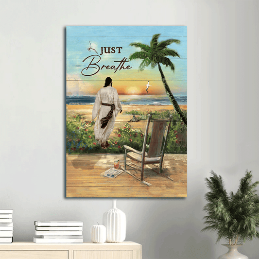 Jesus Portrait Canvas- Pretty sunset, Wooden chair, Flower painting, Seagull, Just breathe canvas- Gift for Christian - Portrait Canvas Prints, Christian Wall Art