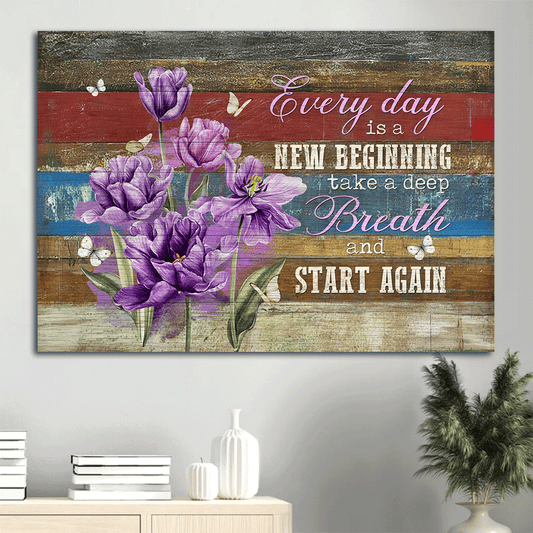 Jesus Landscape Canvas- Purple flower drawing, Butterfly painting- Gift for Christian- Every day is a new beginning - Landscape Canvas Prints, Christian Wall Art