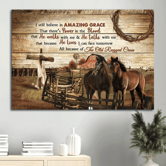 Jesus Landscape Canvas- Quarter horses, Wooden fence, Yellow sky- Gift for Christian- I still believe in amazing grace - Landscape Canvas Prints, Christian Wall Art