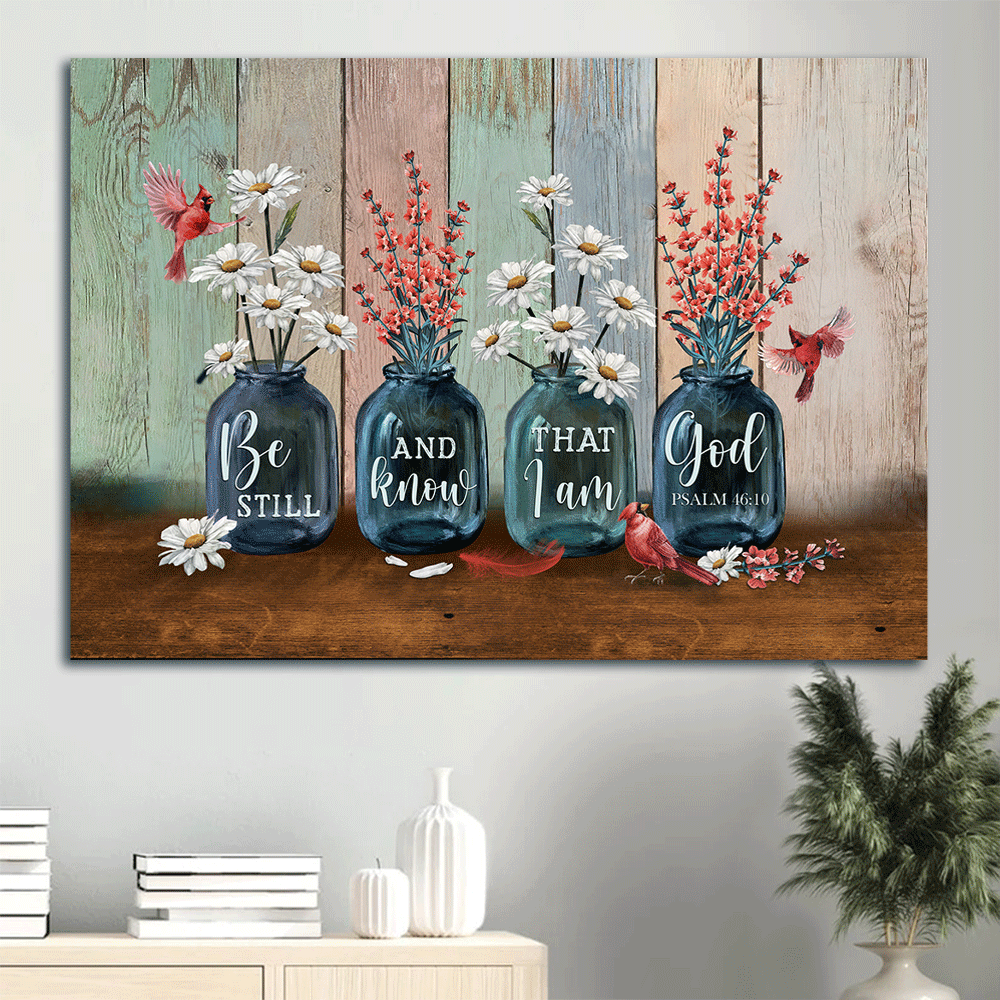 Jesus Landscape Canvas- Red apricot blossom, Daisy flower, Cardinal - Gift for Christian- Be still and know that I am God - Landscape Canvas Prints, Christian Wall Art