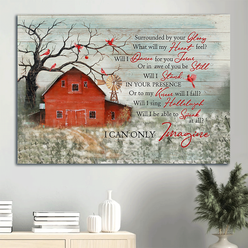 Jesus Landscape Canvas- Red barn, Field of dandelion, Cardinal drawing- Gift for Christian- I can only imagine - Landscape Canvas Prints, Christian Wall Art