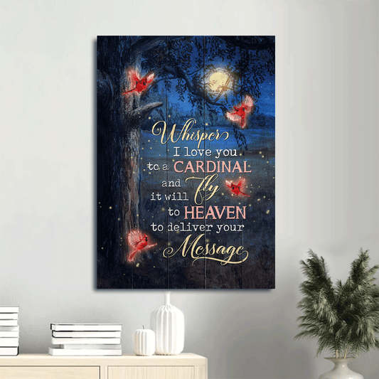 Memorial Portrait Canvas- Red cardinal, Beautiful moon, Amazing night painting- Memorial gift for family- Whisper I love you to a cardinal - Heaven Portrait Canvas Prints, Wall Art