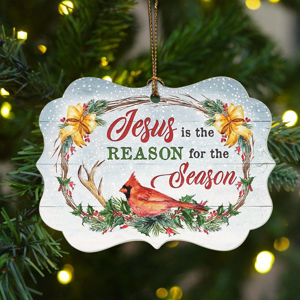 Jesus Benelux Aluminum Ornament  - Red cardinal, Wooden wreath - Christian Gift - Jesus is the reason for the season