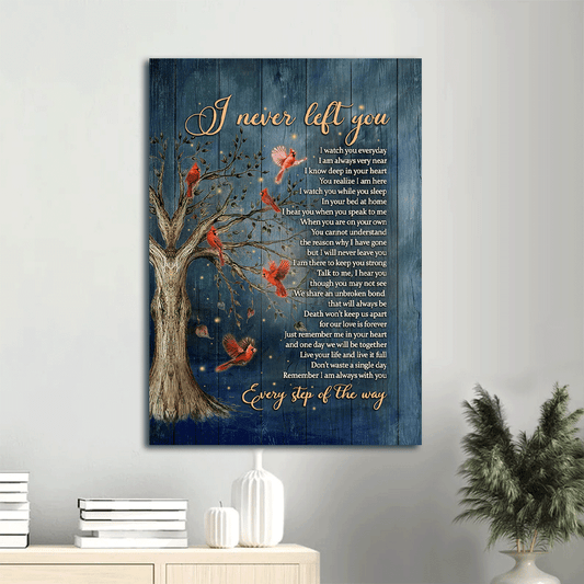 Memorial Portrait Canvas- Red cardinal bird, Inspirational quotes, I never left you - Memorial gift for family- Heaven Portrait Canvas Prints, Home Decor Wall Art