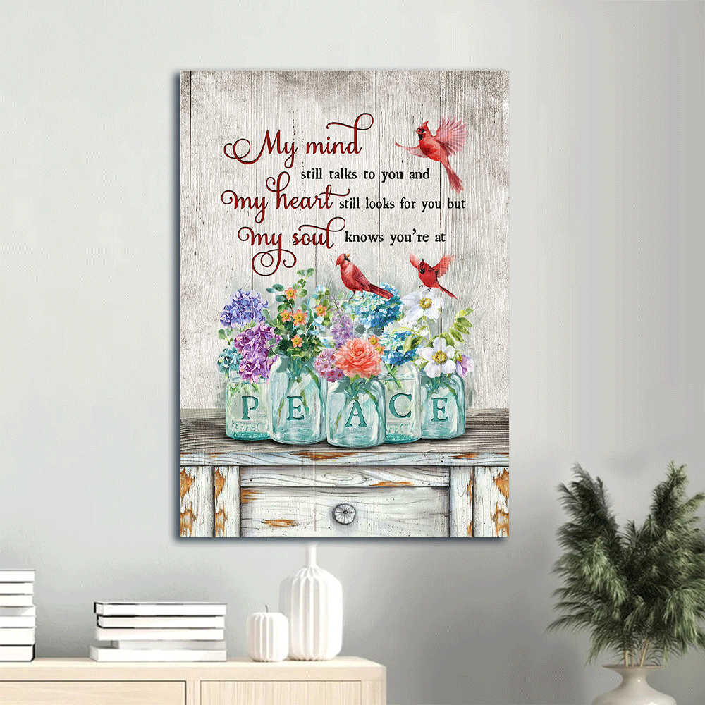 Memorial Portrait Canvas- Red cardinal painting, Charming flower vase, My soul knows you are at peace- Memorial gift for Christian - Heaven Portrait Canvas Prints, Wall Art