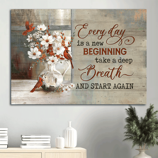 Jesus Landscape Canvas- Red cardinals, White camellia, Flower vase- Gift for Christian- Every day is a new beginning- Landscape Canvas Prints, Christian Wall Art