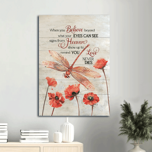 Memorial Portrait Canvas- Red dragonfly, Poppy painting - Gift for members family- Signs from heaven show up to remind you love never dies - Heaven Portrait Canvas Prints, Wall Art