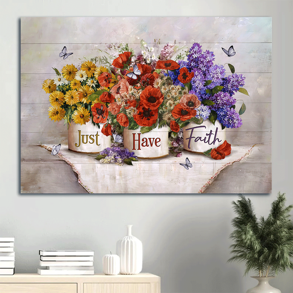 Jesus Landscape Canvas- Red poppy, Colorful flower, Purple butterfly- Gift for Christian- Just have faith - Landscape Canvas Prints, Christian Wall Art