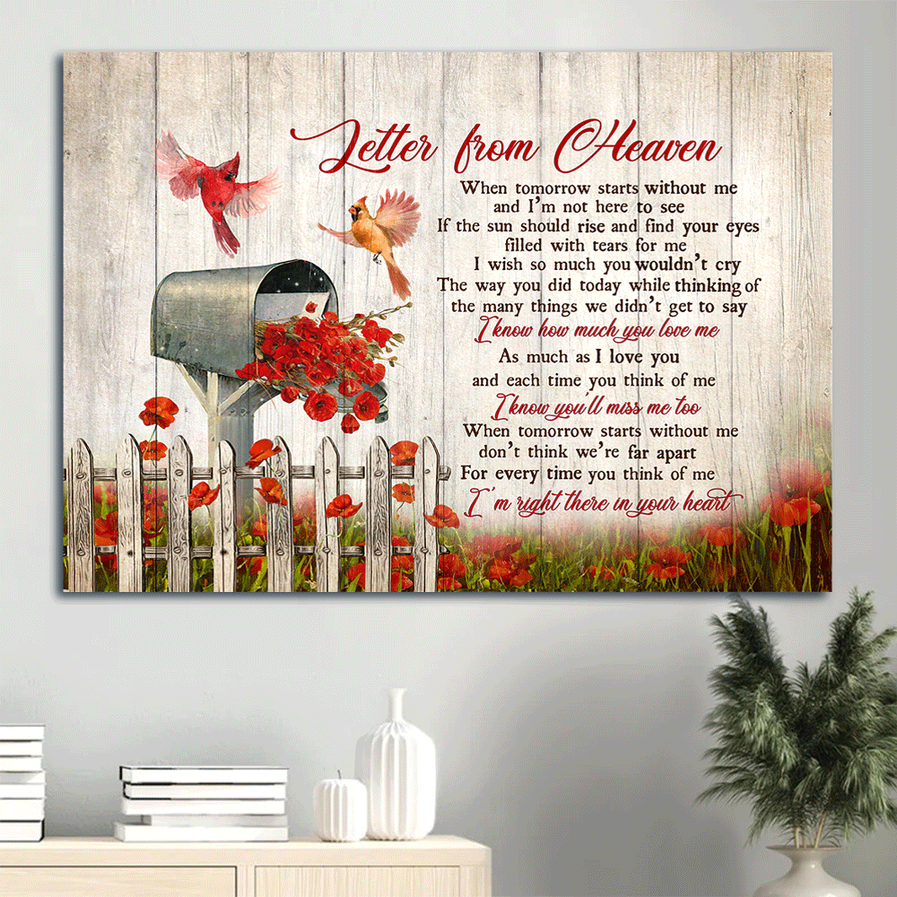 Memorial Landscape Canvas- Red poppy painting, Cardinal drawing, Letter box- Gift for members family- Letter from heaven - Heaven Landscape Canvas Prints, Wall Art