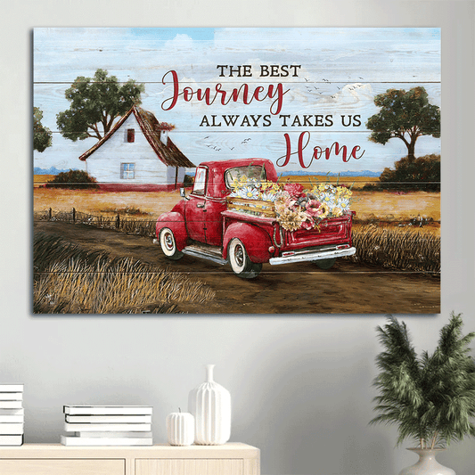 Jesus Landscape Canvas- Red truck, Farmhouse painting, Meadow drawing- Gift for Christian- The best journey always takes us Home -  Landscape Canvas Prints, Wall Art