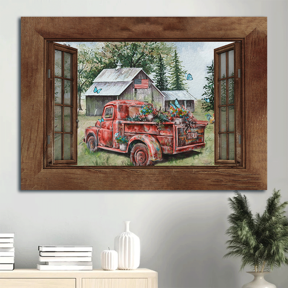 Jesus Landscape Canvas- Red truck painting, Green meadow, Vintage house, Blue butterfly- Gift for Christian - Farm Landscape Canvas Prints Wall Art