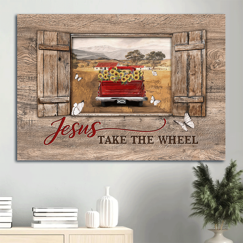 Jesus Landscape Canvas- Red truck painting, Window frame, Countryside landscape- Gift for Christian- Vintage village, Jesus take the wheel - Landscape Canvas Prints, Christian Wall Art