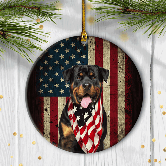 Rottweiler - Circle Ceramic Ornament - Happy Rottweiler face with the US flag - Christmas Gift for Rottweiler Lover