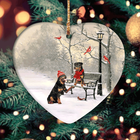 Couple Heart Ceramic Ornament - Rottweiler , Winter, Red Cardinals, On a date  - Christmas Gift For Couple, Spouse, Lover