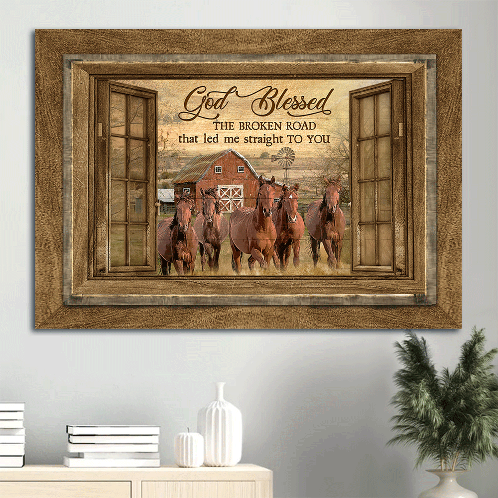Jesus Landscape Canvas- Running horse, Old window, Beautiful sunset- Gift for Christian- God blessed the broken road that let me straight to you - Landscape Canvas Prints, Christian Wall Art