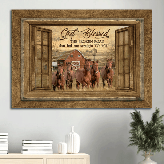 Jesus Landscape Canvas- Running horse, Old window, Beautiful sunset- Gift for Christian- God blessed the broken road that let me straight to you - Landscape Canvas Prints, Christian Wall Art