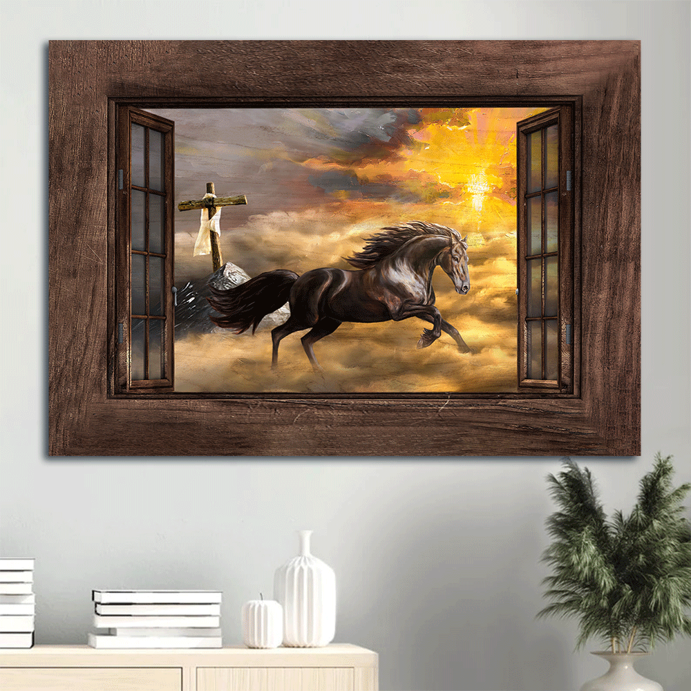 Jesus Landscape Canvas- Running horse, Orange sunset, Wooden cross- Gift for Christian- Way to heaven - Landscape Canvas Prints, Christian Wall Art