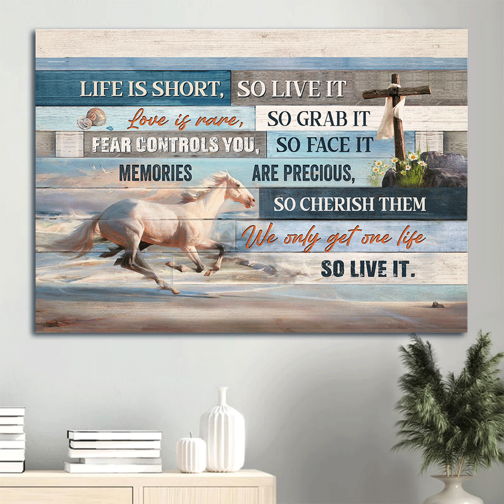 Jesus Landscape Canvas- Running horse, Wooden Cross- Gift for Christian- We only get one life so live it - Landscape Canvas Prints, Wall Art