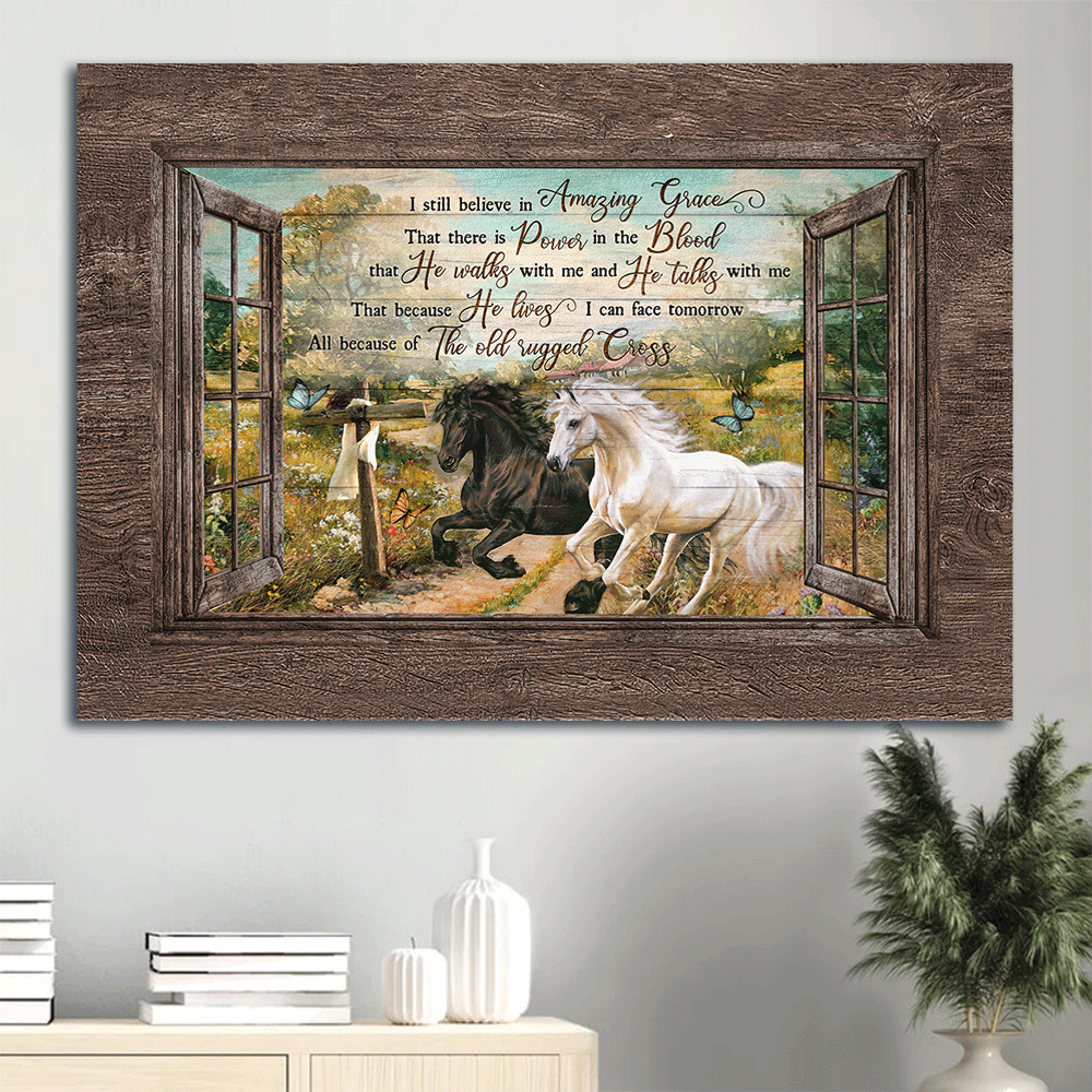Jesus Landscape Canvas- Running horses, Brilliant flower field, Blue butterfly, Wooden cross, Spring painting- Gift for Christian- I still believe in amazing grace - Landscape Canvas Prints, Christian Wall Art