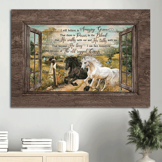Jesus Landscape Canvas- Running horses, Brilliant flower field, Blue butterfly, Wooden cross, Spring painting- Gift for Christian- I still believe in amazing grace - Landscape Canvas Prints, Christian Wall Art