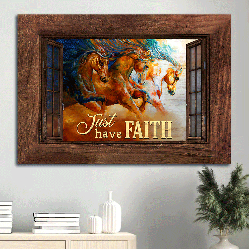 Jesus Landscape Canvas- Running horses, Watercolor painting, Wooden window, Just have faith- Gift for Christian - Landscape Canvas Prints, Christian Wall Art