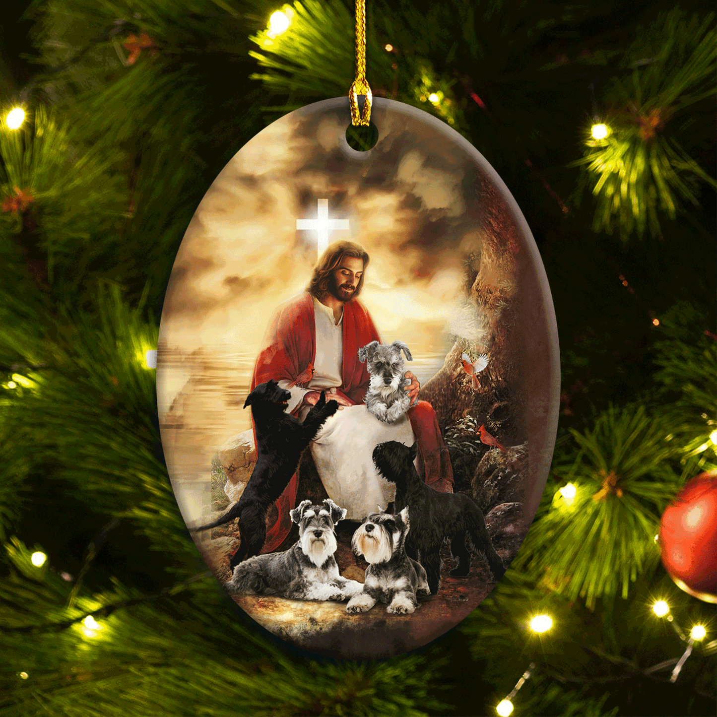 Schnauzer Oval Ceramic Ornament - Schnauzers Sitting With Jesus Oval Ceramic Ornament- Christian Gift, Gift For Schnauzer Lover