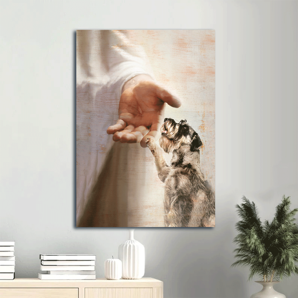 Schnauzer Portrait Canvas- Schnauzer painting, Jesus hand, Take my hand- Gift for dog lover - Dog Portrait Canvas Prints, Wall Art