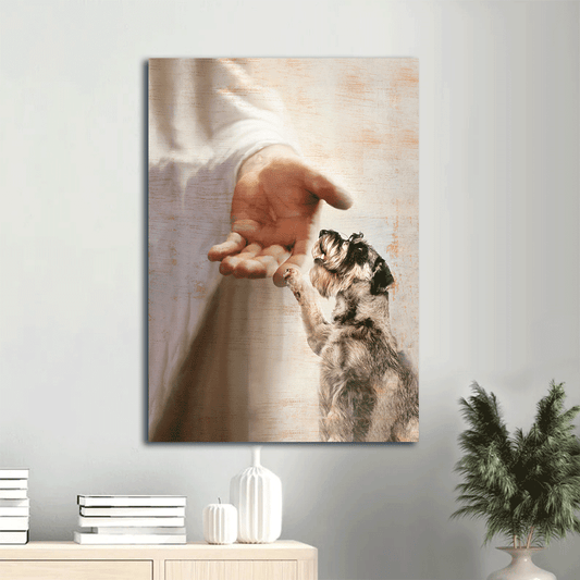 Schnauzer Portrait Canvas- Schnauzer painting, Jesus hand, Take my hand- Gift for dog lover - Dog Portrait Canvas Prints, Wall Art