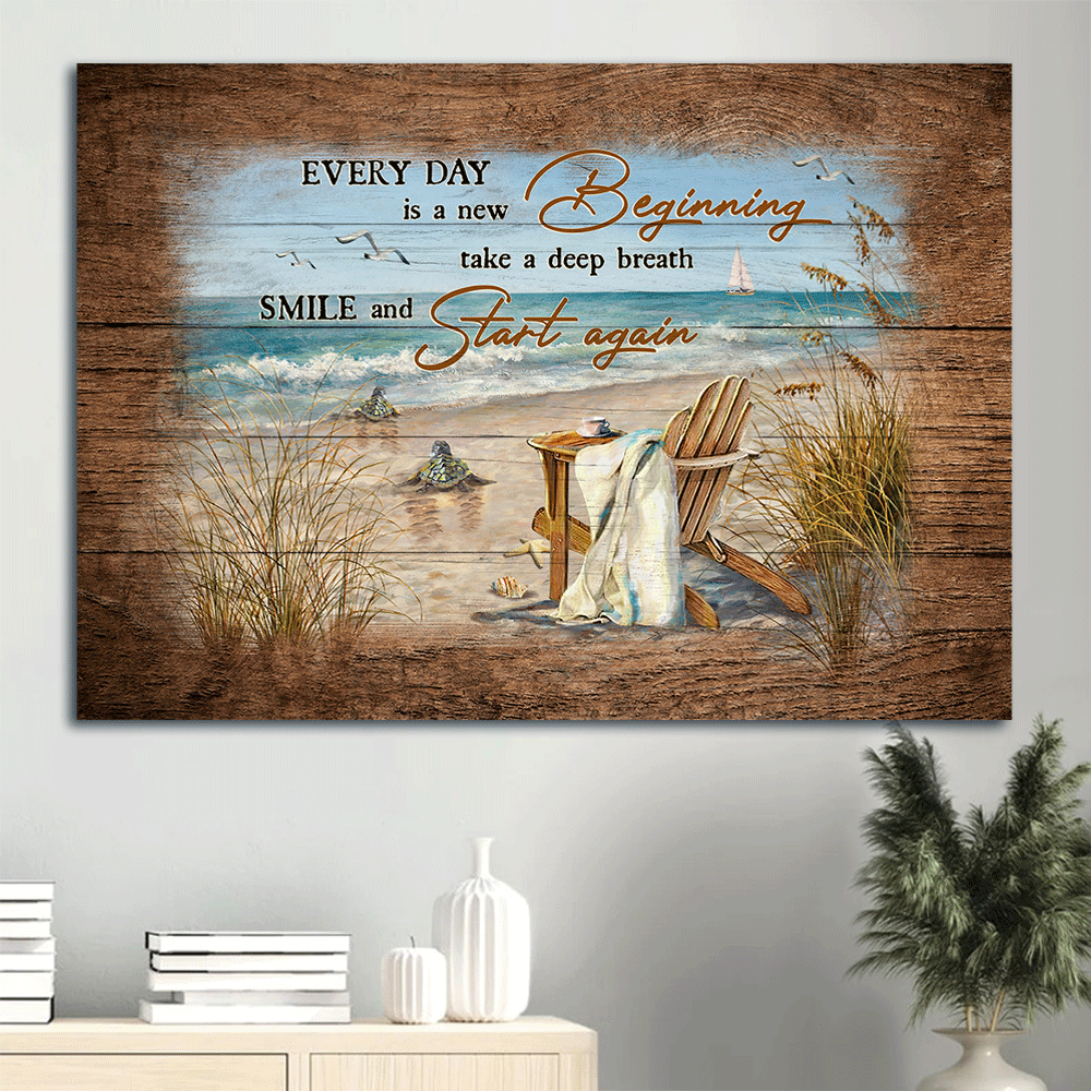 Jesus Landscape Canvas- Sea Turtle, On the beach, Wooden chair canvas- Gift for Christian- Every day is a new beginning - Landscape Canvas Prints, Wall Art