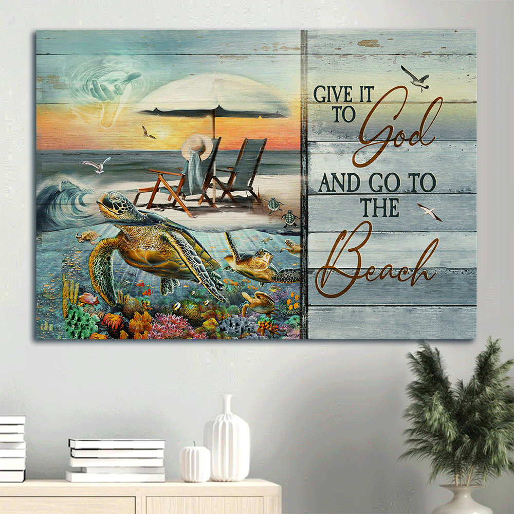 Jesus Landscape Canvas- Sea turtle, Coral reef, Jesus hand, Ocean view- Gift for Christian- Give it to God - Landscape Canvas Prints, Christian Wall Art