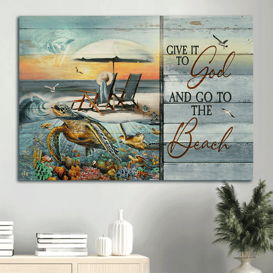 Jesus Landscape Canvas- Sea turtle, Coral reef, Jesus hand, Ocean view- Gift for Christian- Give it to God - Landscape Canvas Prints, Christian Wall Art
