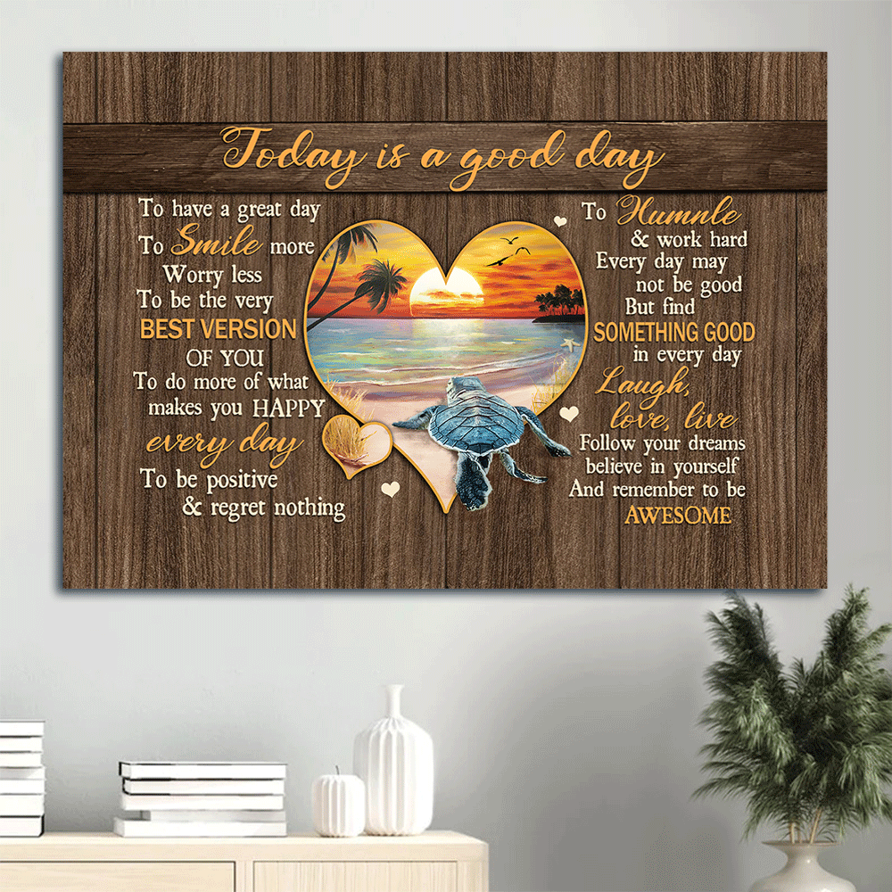 Jesus Landscape Canvas- Sea turtle, Heart shaped, Sunset on the beach- Gift for Christian- Today is a good day, Remember to be awesome - Family Landscape Canvas Prints, Wall Art