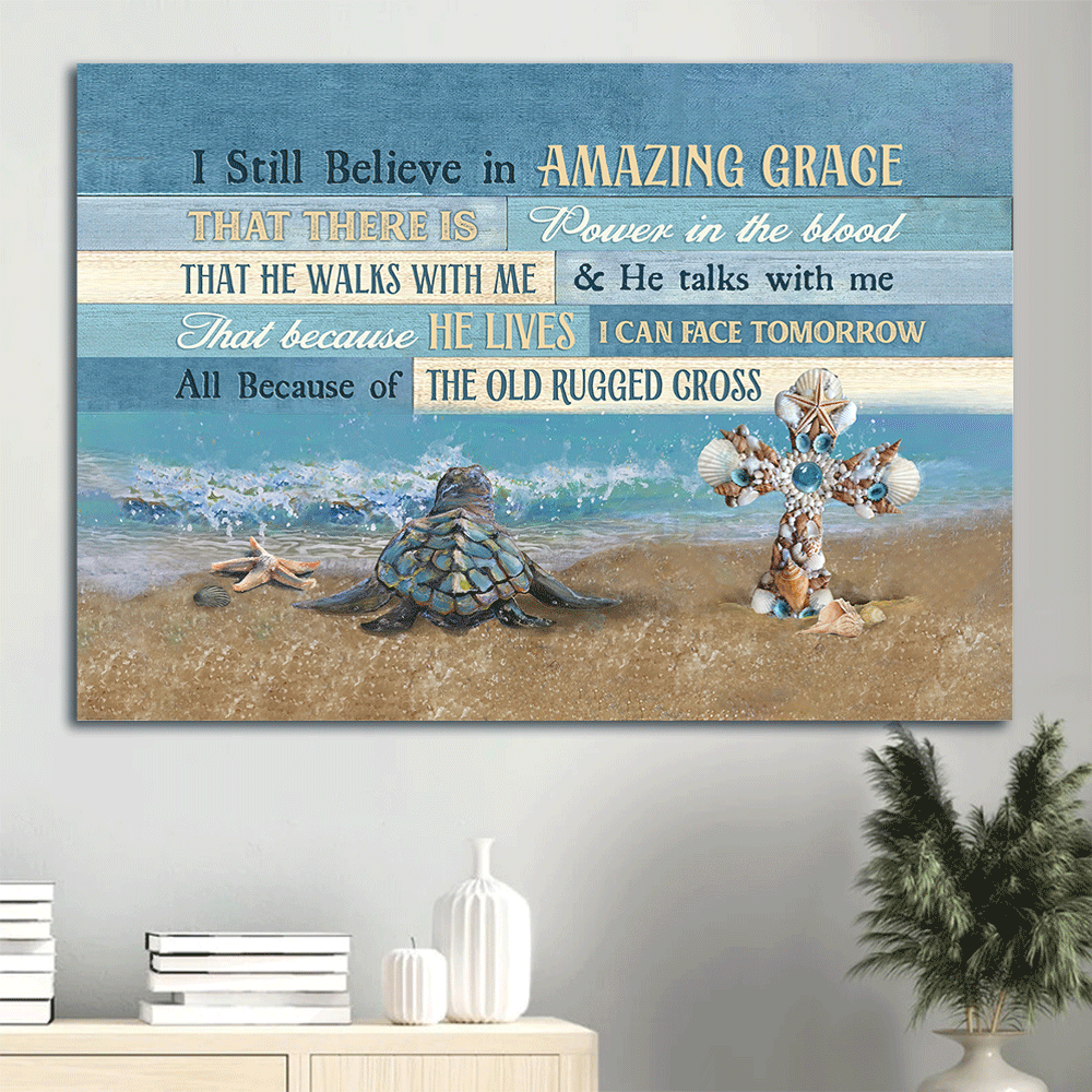 Jesus Landscape Canvas- Sea turtle, Ocean painting, Unique cross- Gift for Christian- I still believe in amazing grace - Landscape Canvas Prints, Christian Wall Art