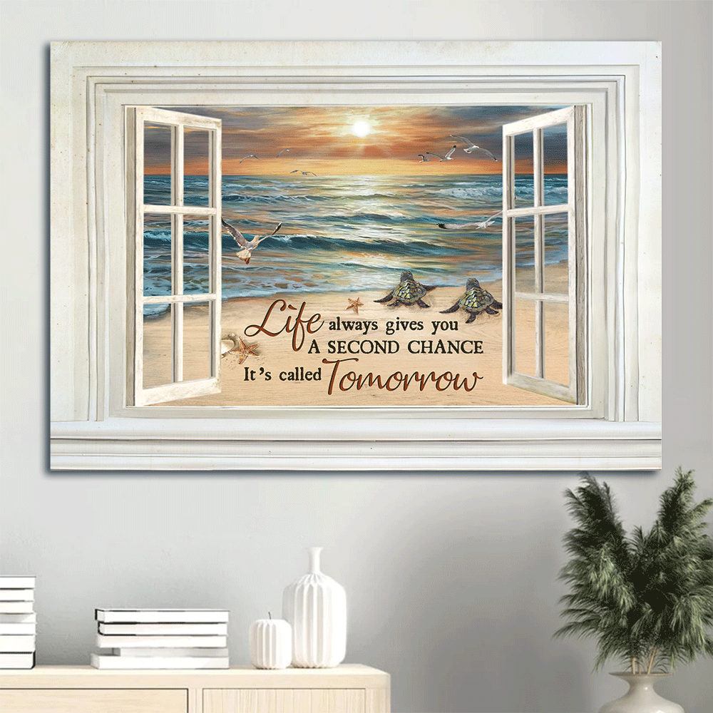 Jesus Landscape Canvas- Sea turtle, Seagull, Beach painting- Gift for Christian- Life always gives you a second chance - Landscape Canvas Prints, Christian Wall Art