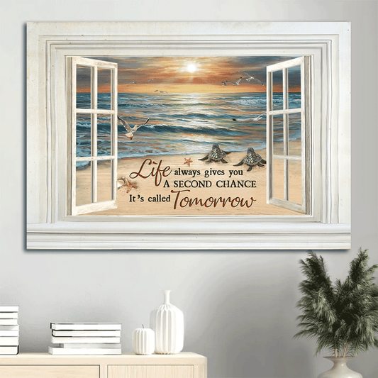Jesus Landscape Canvas- Sea turtle, Seagull, Beach painting- Gift for Christian- Life always gives you a second chance - Landscape Canvas Prints, Christian Wall Art
