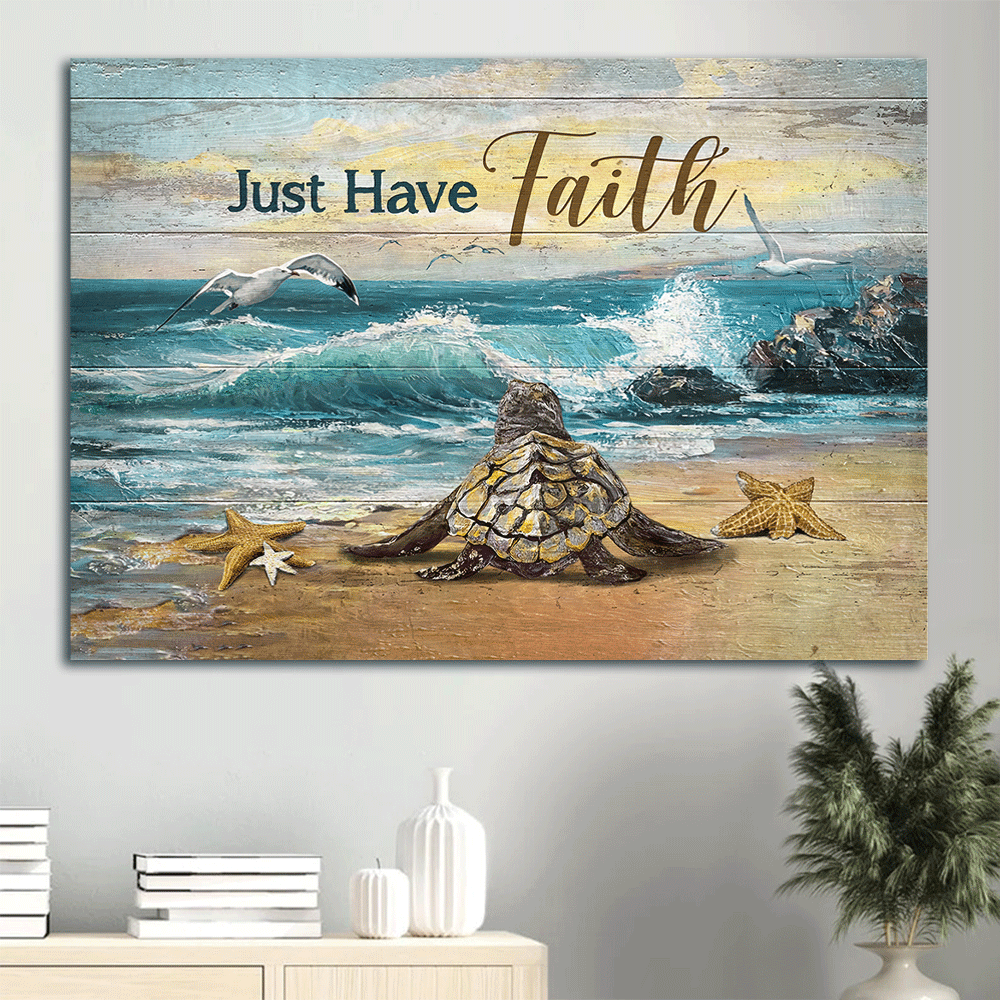 Jesus Landscape Canvas- Sea turtle, Starfish, Gull, Blue beach, Just have faith canvas- Gift for Christian - Landscape Canvas Prints, Christian Wall Art