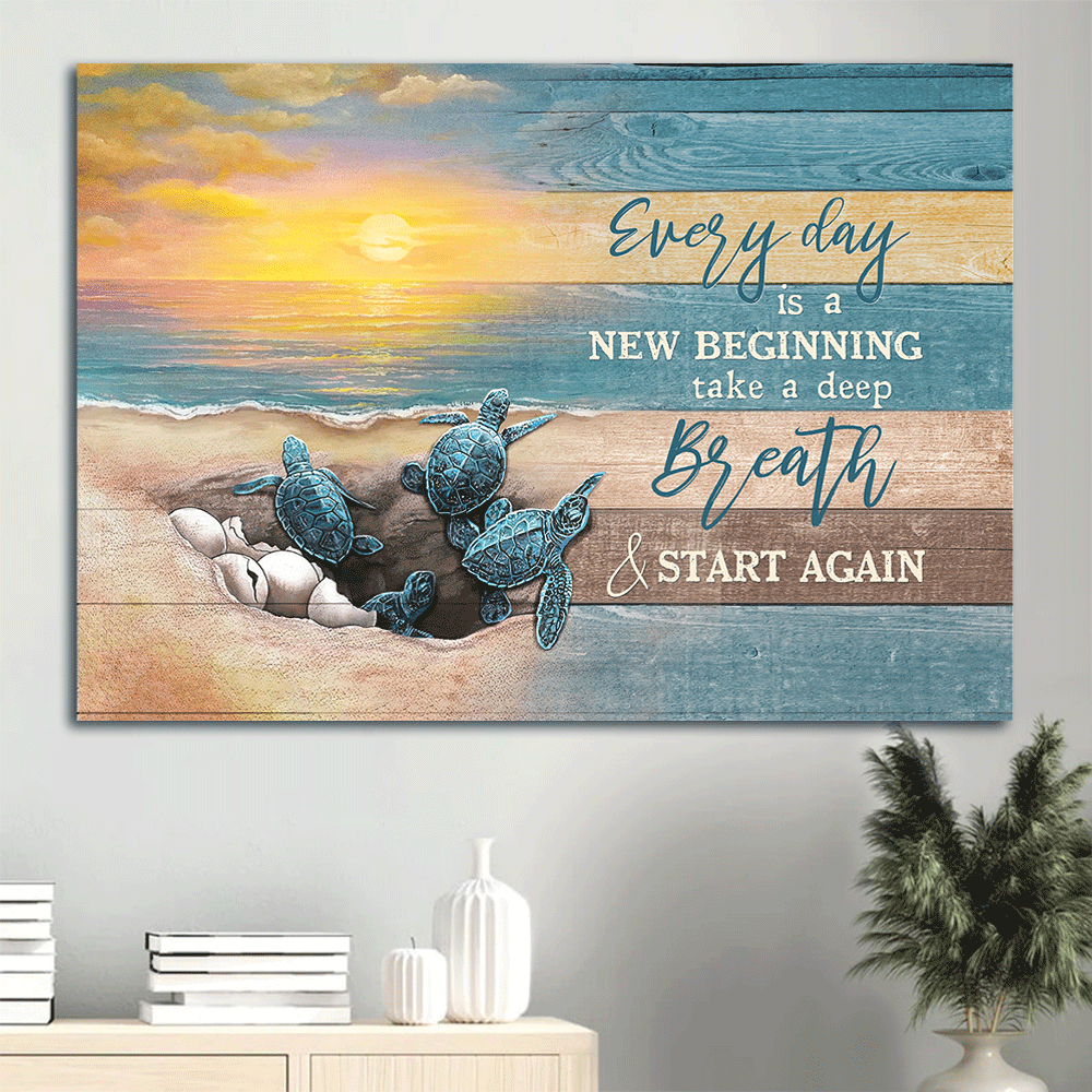 Jesus Landscape Canvas- Sea turtle, Sunrise on the beach- Gift for Christian- Everyday is a new beginning - Landscape Canvas Prints, Christian Wall Art
