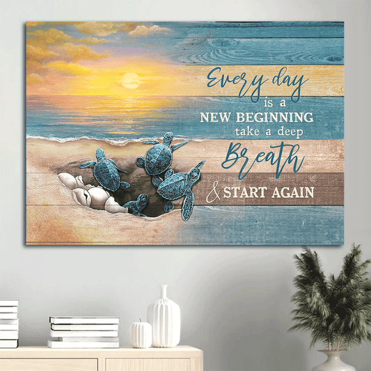 Jesus Landscape Canvas- Sea turtle, Sunrise on the beach- Gift for Christian- Everyday is a new beginning - Landscape Canvas Prints, Christian Wall Art