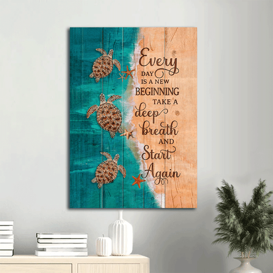 Jesus Portrait Canvas- Sea turtle painting, Starfish, Blue ocean, Beautiful beach- Gift for Christian- Everyday is a new beginning - Portrait Canvas Prints, Wall Art