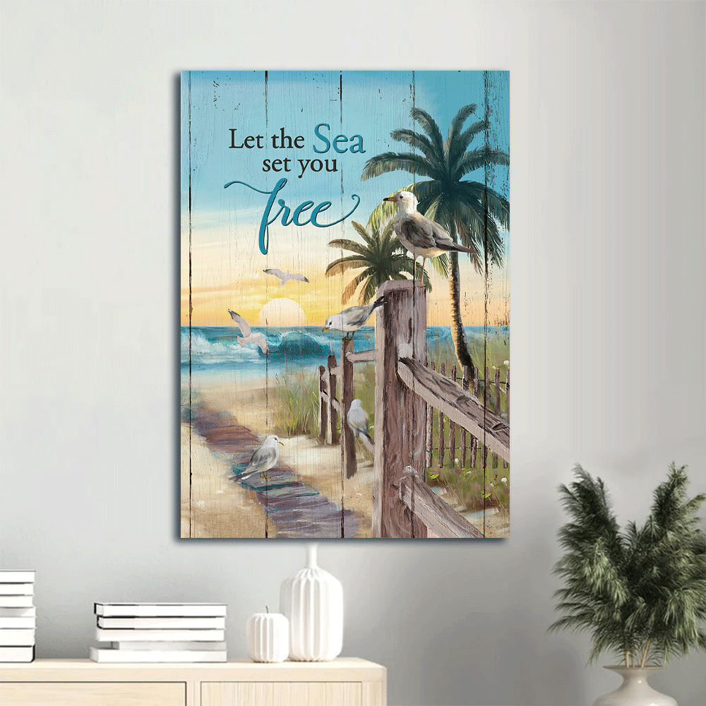 Jesus Portrait Canvas- Seagull painting, Sunrise ocean, Palm tree- Gift for Christian- Let the sea set you free - Portrait Canvas Prints, Christian Wall Art