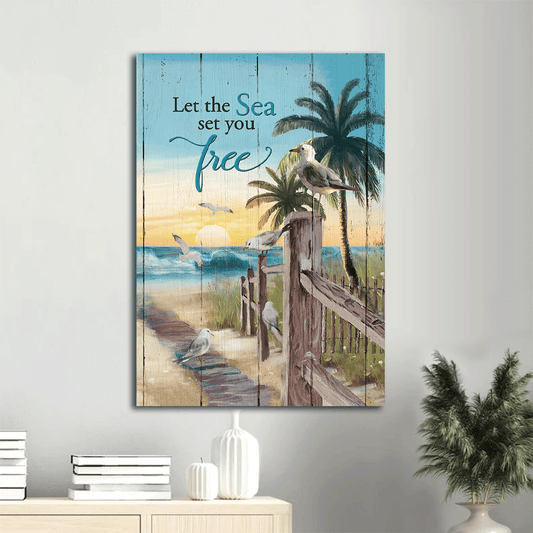 Jesus Portrait Canvas- Seagull painting, Sunrise ocean, Palm tree- Gift for Christian- Let the sea set you free - Portrait Canvas Prints, Christian Wall Art